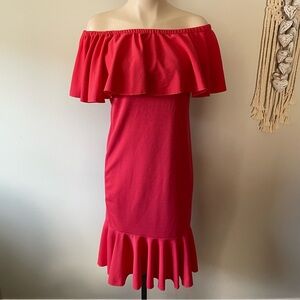 LulaRoe Ruffled Off Shoulder Coral Midi Dress Mermaid Hem Size Small NWT